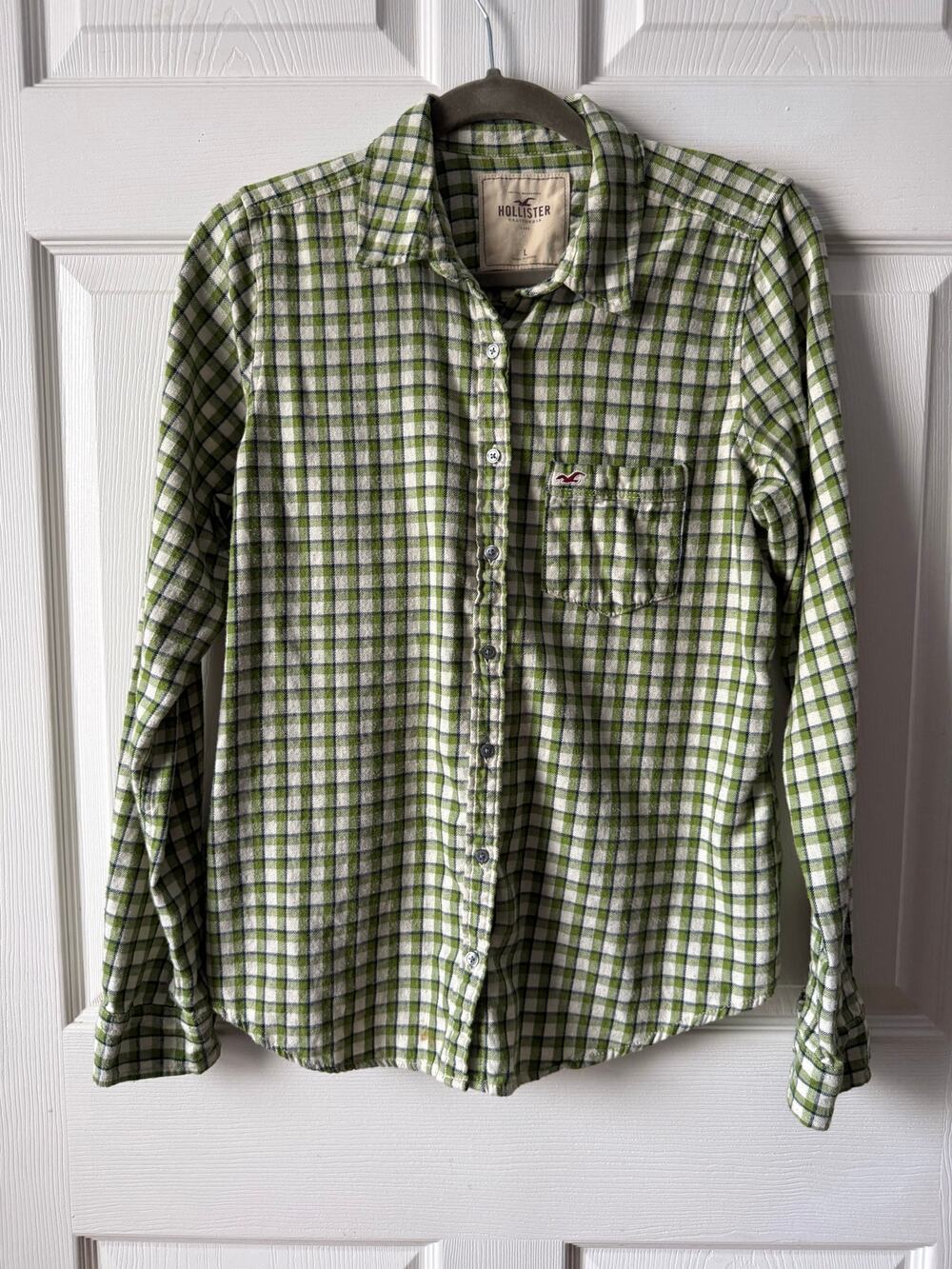 Hollister Green Plaid Flannel Button Shirt Womens Sz Large Cotton Spring Layers‎